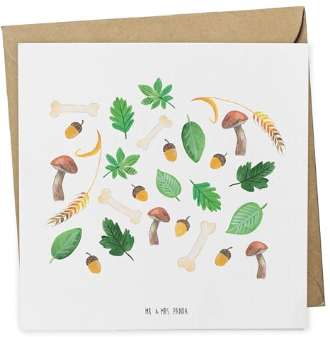 Mr. & Mrs. Panda Glückwunschkarte Herbstwald Design - Geschenk, Klappkarte, Blätter, Pilze, faltkarte, Wald, Grußkarte, Laub, anlasskarte, doppelkarte, Aquarell Muster, Herbst