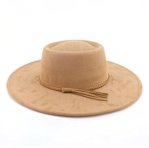 FULUJIDI Fedora Trilby Filzhut Hut Konkave Top Große Breite Krempe Fedora Hüte Für Frauen Männer Klassische Filz Party Kirche Hüte Boater Jazz Cap 56-58Cm Kamel