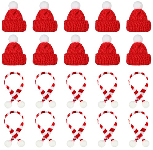 XIABYAYU Mini Weihnachtsmütze, 20 Stück Nikolausmütze Klein, Mini Weihnachten Schal, Weinflasche Strickschal, Kleine Weihnachtsmütze, Mini Strickmütze für Weinflasche, Puppenhaus