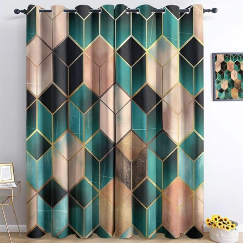 Gedruckte Blackout Vorhänge H175 x B140 cm (2er Pack) Energiesparende Vorhänge Thermo- und Schallschutzvorhänge für Schlafzimmer Einfaches Quadrat Bedruckte GrüN Gold Vorhang