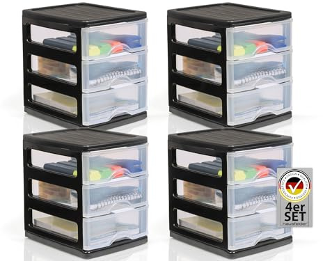 Hausfelder Schubladenbox A6, 4er Set, Schwarz Transparent | Schubladenbox A6 Transparent, Stapelbar Sortierbox Kunststoff für Büro Schreibtisch Organizer