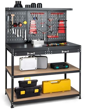 COSTWAY Banco da Lavoro con Pannello a Chiodi, Tavolo da Officina con Cassetti, Ripiani e 25 Accessori Appendibili, Carico Massimo 435 kg, per Garage, Casa, Officina e Magazzino