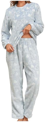 Generico Pigiama Pile Donna Invernale Curvy Pigiami Invernali Caldo Cotone Leggero Moda Pigiama 2 Pezzi Sciolto Casual Morbido e Confortevole Maglia Lunga Pantaloni Pigiama Set Casa con Girocollo