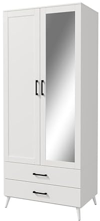 URBNLIVING 180cm Tall White Freestanding Mirror Wardrobe with 2 Door 2 Drawer Modern Shelf Clothes Storage Cupboards Unit for Bedroom Hanging Rail with Wooden legs