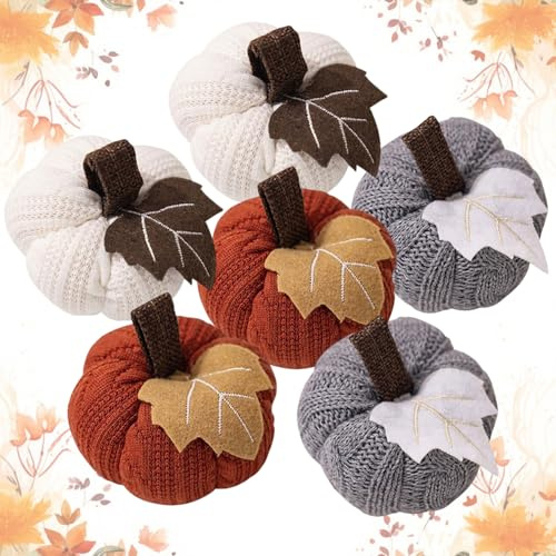 6 Stück Herbst Dekoration Kürbis Set, Künstliche Kürbisse Herbstdeko Wiederverwendbarer Kleine Gestrickter Kunstkürbis Zierkürbisse Tischdeko für Halloween Erntefest Thanksgiving Innen Deko