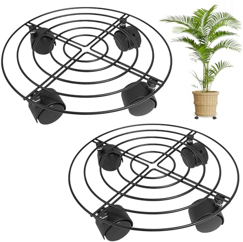 PORFOYO 2 Stück Pflanzenroller Rund, Durchmesser 32 cm Pflanzenroller Outdoor mit 360° Drehbare Rollen, Metall Pflanzenroller für Innenbereich Außenbereich Haus und Garten, Tragkraft 20 kg