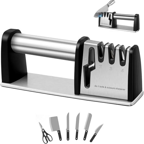 BEJAGWUS Messerschärfer Edelstahl,4 in 1 Professioneller Koch Knife Sharpener,Messerschleifer Profi für Messer, Brotmesser & Scheren,Küchenutensilien mit Rutschfestes Standplatte (Silber)