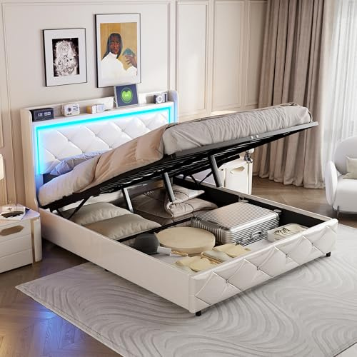 BHFFTHK Polsterbett Doppelbett 160x200 mit LED-Kopfteil & USB-C, Hydraulisch Stauraumbett mit Lattenrost, LED Bett 160x200 Bettgestell, Jugendbett mit PU-Leder Rückenlehne, Weiß, Ohne Matratze