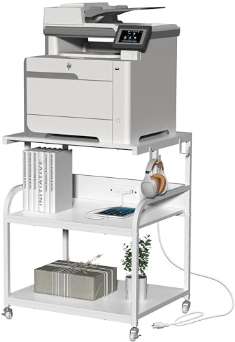Tohomeor Large Printer Stand 60x48cm Table with Charging Station Adjustable Storage Shelf,3 Tier Rolling Printer Cart with Wheels for Home Office Organization for Heat Press,3D Printer (Rustic Brown)