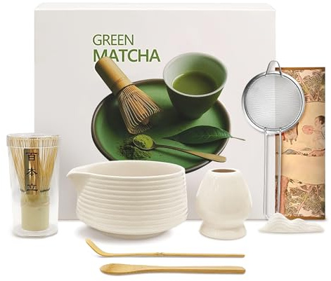 Mabecol Kit Matcha 8 Piezas, Set Té Matcha con Cuenco Cerámica 510ml Beige | Batidor Bambú, Cuchara, Tamiz y Soporte Incluidos, Accesorios Japoneses Para Matcha Latte, Ritual Del Té y Regalo