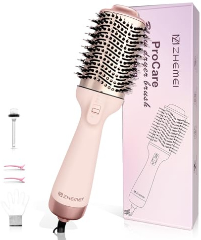 ZM ZHEMEI 1300W Profi-Warmluftbürste, 4-in-1 Föhnbürste mit Antifrizz-Effekt, Keramik-Titan-Zylinder – Salon-Rundbürstenföhn für alle Haartypen (Roségold)