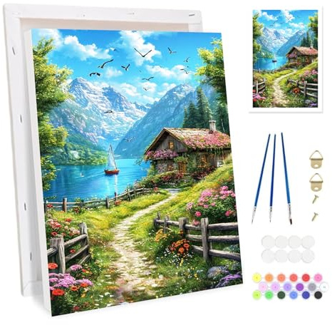 Bowetile inramad måla efter siffror för vuxna, by berg måla efter siffror kit för vuxna nybörjare canvas-kit, gör-det-själv färgglad oljemålning akrylfärger för hem väggdekor 20 x 30 cm
