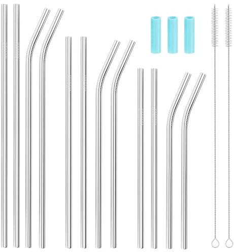 Vesavifaka Set di 12 Cannucce in Acciaio Inossidabile Riutilizzabili, Larghe 8mm in 3 Dimensioni – 31cm 26,5cm 21,5cm Cannucce Metallo per Cioccolato e Latte, con 2 Spazzole di Pulizia per Bicchieri
