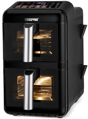 GEEPAS 2800W Dual Basket Stack Air Fryer | 12L XXL Capacity 2x6L Twin Baskets | Space-Saving Vertical Design with Sync Cook for Both Baskets 10 Presets Rapid Air Tech Energy Efficient Healthy Cooking