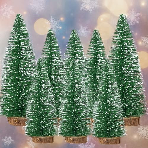 EVENT DECOR SHOP 8 Mini Plastic Christmas Trees – White Flocked Bottle Brush Pine Trees with Wooden Bases, Miniature Artificial Trees for Rustic Tabletop Decor, Xmas Villages & Holiday Centrepieces
