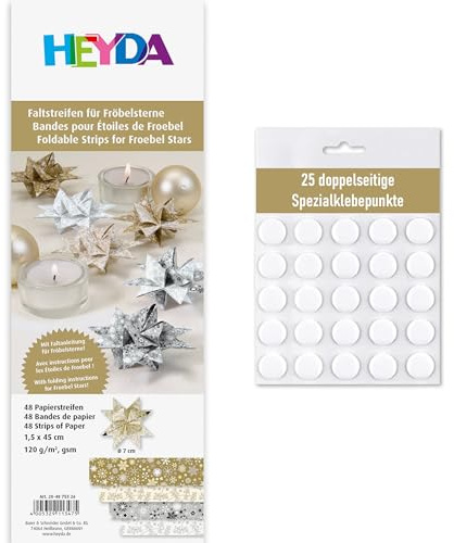 Heyda Faltstreifen für Fröbelsterne – 48 Streifen, 1,5×45 cm, 120 g/m² – beidseitig bedruckt – Bastelpapier Set für 12 Sterne – mit Anleitung – inklusive 25 Klebepunkten (silber-gold 1,5x45cm)