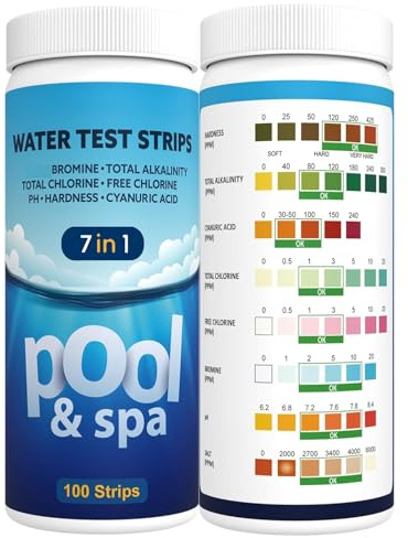 AKSBTEC 7 en 1 Bandelette Piscine Test Piscine Test Eau Piscine Pour Piscines & Spas-Testeur Pour Eau De Eau Piscine Et Spa, Languette Piscine Rapides Testez, Chlore, (50 Strips 7 in 1)