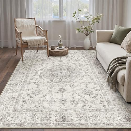 PureCozy Waschbarer Grau Teppich Wohnzimmer 140x200cm Vintage Tepiche for Living Room kurzflor rutschfest Weich Retro Boho Carpet für Küchen Schlafzimmer Büro Esszimmer Bedroom