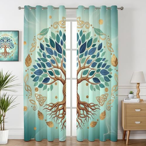 DSRDRFG Türkis Lebensbaum Vorhänge Blickdicht 90x210cm(BxH) Grün Gold Pflanzenblätter Verdunklungsvorhänge Gardinen mit ösen für Schlafzimmer Wohnzimmer Büro Fenster, Thermovorhang, 2er Set