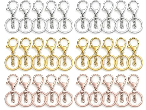 30er Set Schlüsselanhänger Karabiner Haken mit Kette und Ring, Schlüsselringe Silber/Gold/Roségold, für DIY Basteln Lanyards Taschen Anhänger, Schmuck