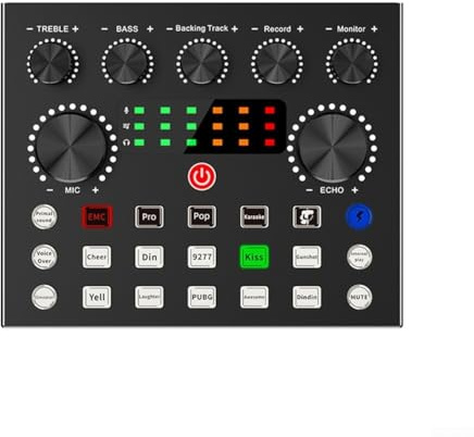 HEBEOT V8S extern USB-ljudkort mikrofonblandare för direktsändning kompatibel med telefon PC 10 ljudeffekter brusreducering 16-bitars 48 kHz metallkropp