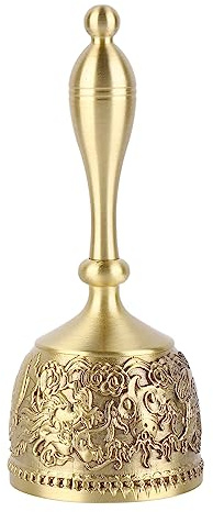 Omquot Campana de Llamada Manual de 4,7 Pulgadas de Largo, Latón Puro, Exquisito Patrón Tallado, Mango Curvo, Campana de Cena para Fiesta de Boda, Bar Familiar