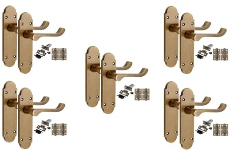 Golden Grace Epsom Victorian Door Handle Latch Set, Antique Brass 5 Set | Includes ball bearing hinges, spindle, and screws; zinc alloy build with a classic plain edge 168 x 40mm backplate.