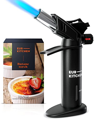 EurKitchen Soplete de Cocina con Indicador, Cerradura de Seguridad, Llama Ajustable y Protector – Soplete Gas Butano Recargable – Mechero Soplete para Cocina Manualidades - Gas Butano No Incluido