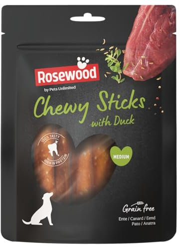 Rosewood Chewy Sticks mit Ente & Rinderhaut – Zahnpflege-Kaustangen für Hunde, getreidefrei, proteinreich, ohne künstliche Zusätze, einwandfrei für mittlere Hunde, 100 g