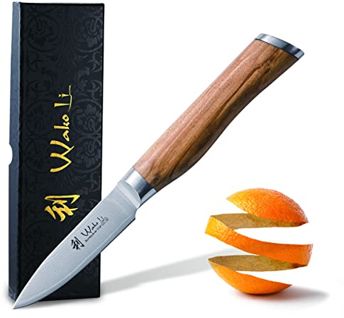 Wakoli Olive Damast Officemesser | 8,5 cm Klinge aus 67 Lagen Damaststahl mit VG10-Kern | ergonomischer Olivenholzgriff | für Obst, Gemüse & Kräuter | in Geschenkbox für Profi- & Hobbyköche