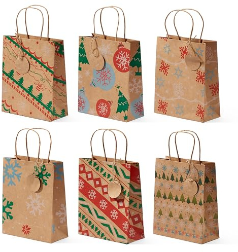 THE TWIDDLERS - 24 Weihnachtspapiertüten, Kleine Papiertüten für Weihnachten aus Kraftpapier mit Griff & Etiketten, Adventskalender Tüten, Weihnachtstüten - Papiertüten Weihnachten - 22 x 18cm