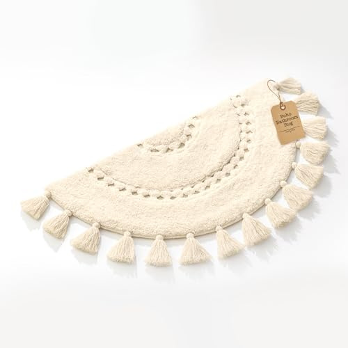 Halbrunder böhmischer Badezimmerteppich mit Quasten und Häkeleinsatz, wunderschön handgefertigt, 100 % Baumwolle, halbrund, Boho-Schlafzimmerteppich, Boho-Badezimmer-Dekor, maschinenwaschbar,