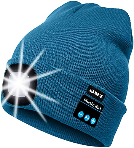 ATNKE LED Lighted Bluetooth Beanie Cap, USB Rechargeable Wireless Musical Running Hat Ultra Bright 4 LED Light Lamp Use for Skiing Hiking Camping Cycling