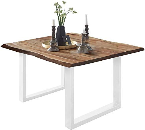 SAM Esszimmertisch 90x90 cm ULM, Baumkantentisch naturfarben, Akazienholz massiv, U-Gestell aus Metall weiß