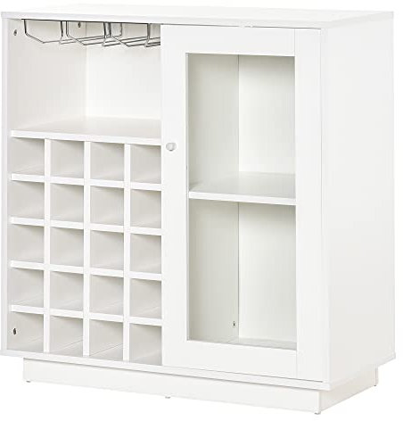 HOMCOM Weinschrank mit Gläserhalterung 20-Flaschen-Weinregal mit 3 Haken Flaschenständer mit Glastür Anti-Kipp-Design Spanplatte Hartholz Weiß 80 x 36 x 85 cm