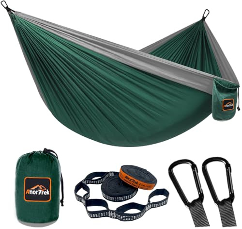AnorTrek Campinghängmatta, superlätt och portabel fallskärmshängmatta med två trädremmar, enkel eller dubbel nylonhängmatta för camping, vandring och backpacking