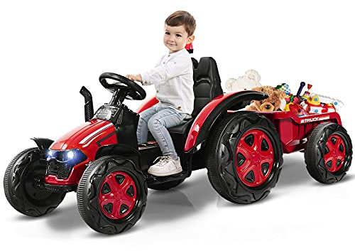 COSTWAY Tractor Eléctrico 12 V 7 AH para Niños con Remolque, Tractor Juguete para Niños 3-8 años, Mando 2,4 G y Arnés de Seguridad de 2 Puntos, Faros, Música, Bocina, MP3,USB (Rojo)