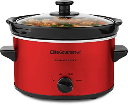 Elite Gourmet MST-275XR# Electric Oval Slow Cooker, Adjustable Temp, Entrees, Sauces, Stews & Dips, Dishwasher Safe Glass Lid & Crock (2 Quart, Red)
