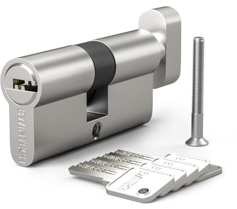 Bwintech 1 pieza 30T/30mm Euro Latón Cilindro, 60mm Thumbturn/Key Barrel Lock con 5 llaves de latón horizontales, tiene antirrobo, antiperforación, antigolpes, antigolpes, níquel satinado