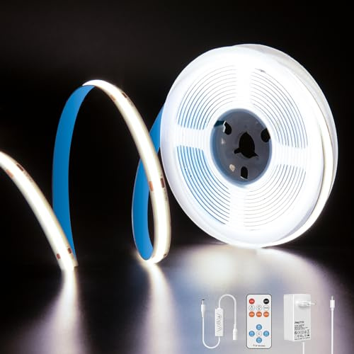 PAUTIX COB LED Streifen kaltesWeiß 6000K,5m 480LEDs/M Dimmbar 24V Flexibel LED Strip lights Set mit RF Fernbedienung und Netzteil,CRI93+ Hell Unterbauleuchte für Home DIY Dekoration,Timerfunktion