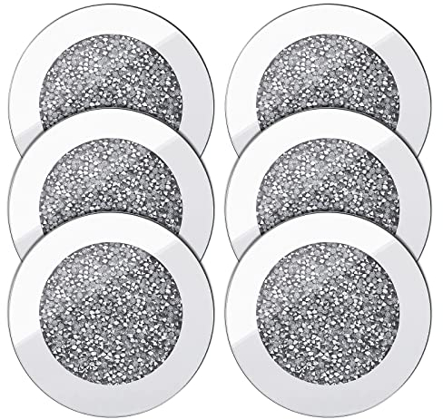 VGOL 6pcs Dessous de Verre en Verre Miroir 4 Pouces Rond en Verre Concassé Protection Antidérapante pour Tasses à Café/Thé Décor à Maison Ensembles de Bar de Table Accessoires de Cuisine