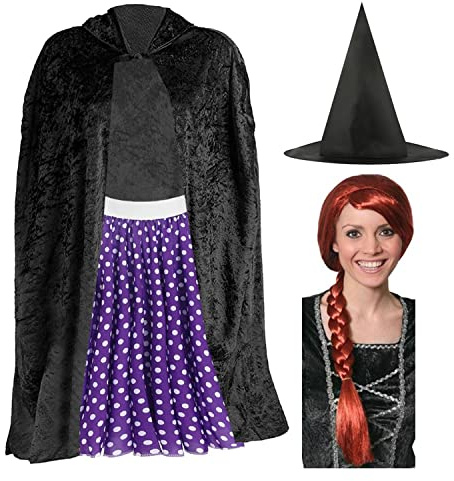 Adult’s Room on the Broom Set - Black Velour Cape, Purple Polka Dot Skirt, Witch Hat, Auburn Wig - Perfect for World Book Day School Book Day Fancy Dress