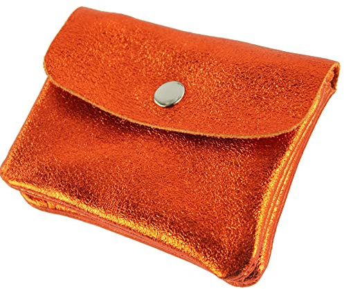 modamoda de P09 Damen Münzgeldbörse Geldbörse Portemonnaie Klein Leder Made in Italy P09, Farbe:Orange-Metallic