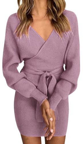 Vancavoo Vestido de Punto para Mujer Vestido de Manga Larga con Cuello en V Vestido Corto de Suéter sin Espalda Jersey de Punto con Cinturón Elegante para Otoño Invierno(Lila,XL)