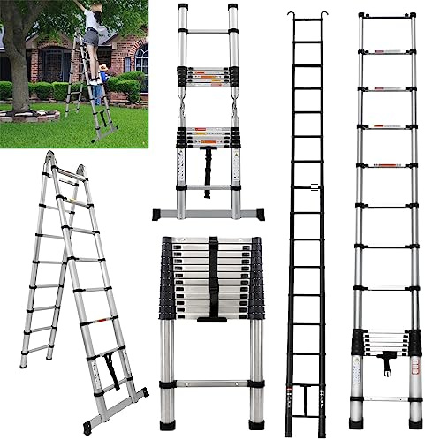 2.5M/8.5FT Aluminum Telescopic Ladder Lightweight Extension Ladder with Stabiliser Bar, Straight/A-Frame Multi-Purpose Loft Ladder with Non-Slip Rubber Feet 150kg Capacity for DIY Work