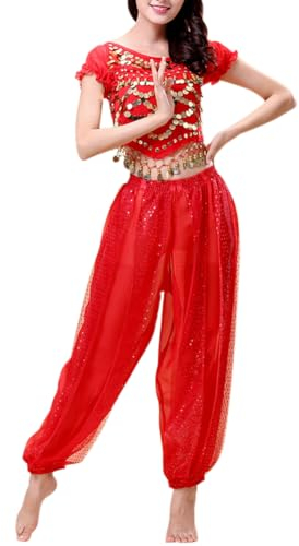 Inlefen Frauen Bauchtanz Indischer Tanz Aufführung Chiffon-Röcke Glänzend Bauchtanz Anzüge Halloween Karneval Tanzen Performance-Kleidung Rot (160-175cm,45-70kg)