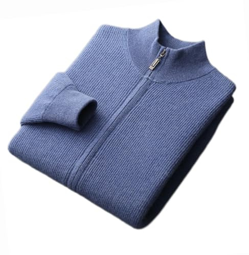 Dninmim Cardigan da uomo in cashmere lavorato a maglia, collo alto, cappotto con cerniera, in lana, per autunno e inverno, giacca spessa, Blu, XL