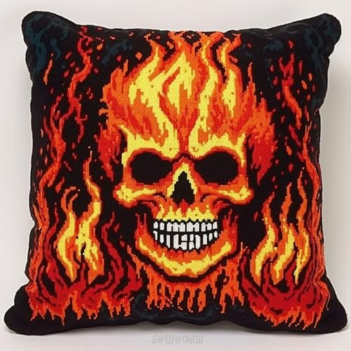 Burning Skull Latch Hook Kits Pillow DIY Rug Crochet Hook Rug Cushion Making Kits with Preprinted Pattern Canvas Easy Starter Christmas Adorment Hooking DIY Kits 43x43cm(d104)