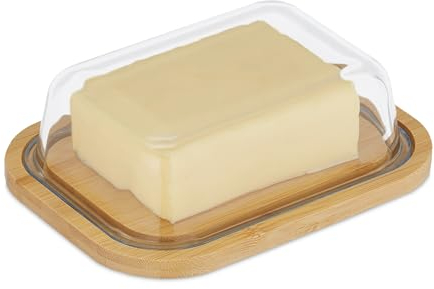 Relaxdays Mantequeras con Tapa Cristal, Mantequillera Bambú, Bloques Mantequilla 250g, 5,5x19x14cm, Natural/Transparente