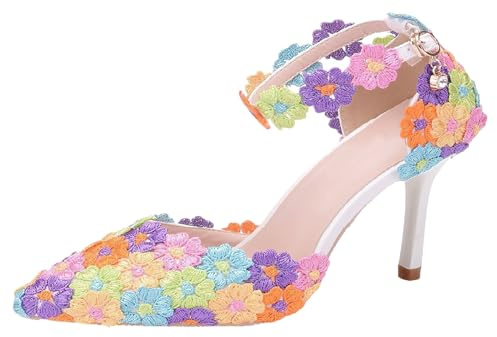 Jamron Donna Elegante Tacco a Spillo Décolleté a Punta con Cinturino alla Caviglia Pizzo Perle Scarpe da Sposa Colorato SN0703212-1 EU40